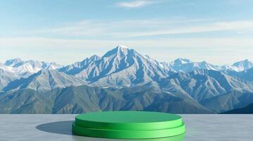 A green round object on top of a table with mountains in the background photo