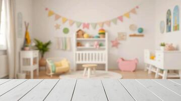 White wooden table with toy room and colorful decorations photo