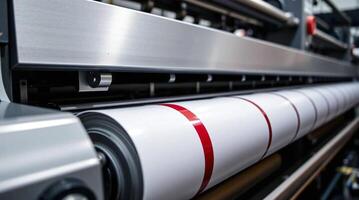 A large roll of paper is being printed on a machine photo