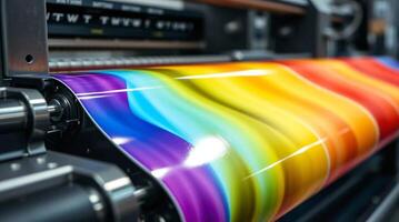 A large roll of paper with a rainbow colored print on it photo