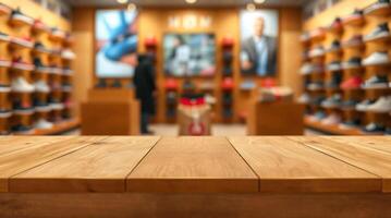 Wooden table in a shoe store with a man in the background photo