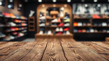 Wooden table in front of a shoe store photo