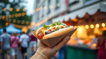 A person holding a hot dog in a paper container photo