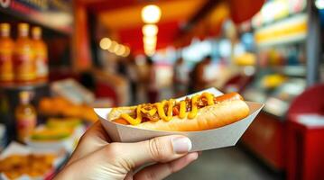 A person holding a hot dog with mustard on it photo