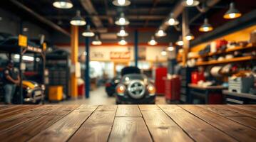 Wooden table in a garage with a car in the background photo