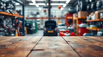 A table in a garage with a car in the background photo
