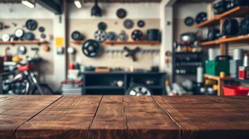 A table in a garage with many tools on it photo