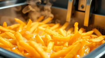 Fries in a fryer being cooked photo