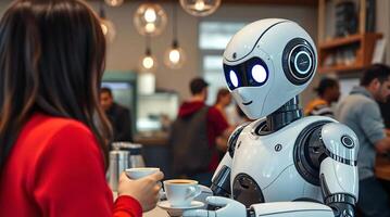 A woman is holding a cup of coffee while talking to a robot photo