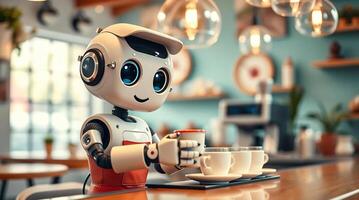 A robot is sitting at a table with coffee cups photo