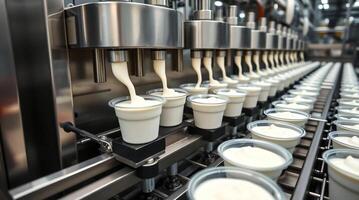 A line of cups filled with milk being poured into a machine photo