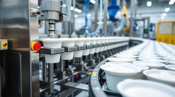 A line of cups on a conveyor belt in a factory photo