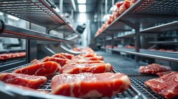 Meat is being processed in a factory photo