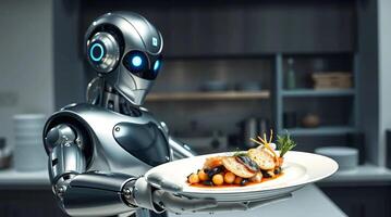 A robot holding a plate with food on it photo