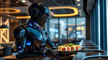 Robot holding a plate with sushi on it photo