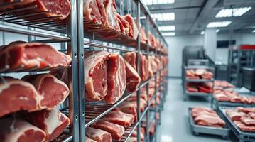 Meat is displayed on racks in a meat factory photo