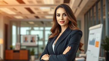 A beautiful business woman in a suit standing in front of a board photo