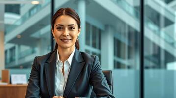 A woman in a business suit sitting at a desk photo