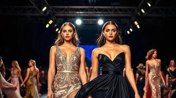 Two models walk the runway at the fashion show photo