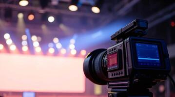 A camera is in front of a stage photo