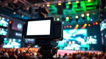 A camera is on a tripod in front of a large audience photo