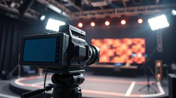 A camera is set up on a stage in front of a screen photo