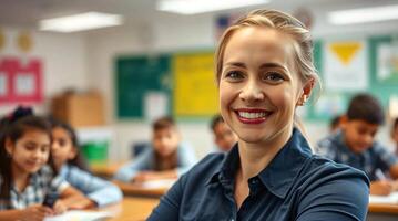 A smiling teacher in front of a classroom photo