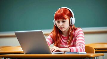 A girl with red hair and headphones is using a laptop photo
