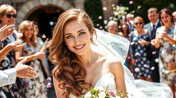 A bride is smiling as she walks down the aisle photo