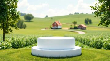 A white round table in a field with a house in the background photo