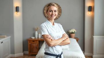 A woman in a spa uniform standing in front of a bed photo