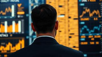 A man in a suit looking at stock market graphs photo