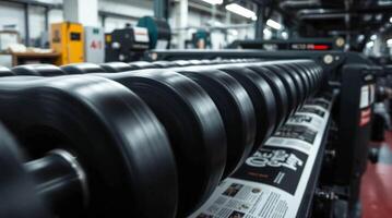 A large machine with many rolls of paper photo