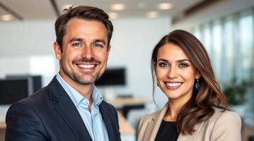 A man and woman in business attire standing in an office photo