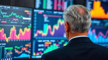A man in a suit looking at stock market data photo