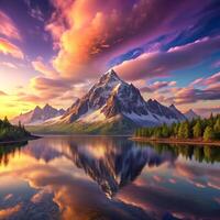 Beautiful mountain landscape with lake and clouds at sunset photo