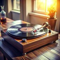 An old record player sitting on a table in front of a window photo