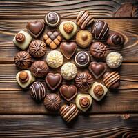 Chocolates arranged in a heart shape on a wooden table photo