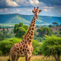 A giraffe standing in a field photo