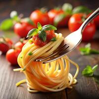 Spaghetti with tomato sauce and basil leaves on a fork photo