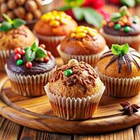 A wooden tray with a bunch of cupcakes on it photo