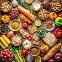 Various types of food are arranged on a wooden table photo