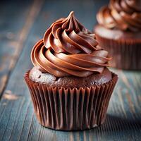Chocolate cupcakes on a wooden table photo