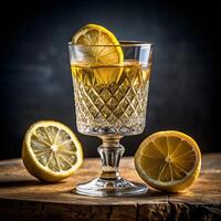 A glass of whiskey with lemon slices on a wooden table photo