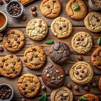 Various cookies and cookies on a wooden table photo