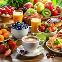A table with various fruits and breakfast foods photo