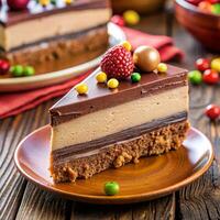 A piece of cake on a plate with a bowl of candy photo