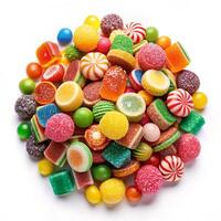 A large pile of colorful candies on a white background photo