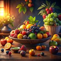 A bowl of fruit on a table with a bowl of fruit next to it photo