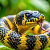 A close up of a snake with its tongue out photo